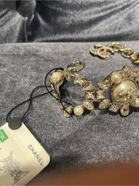CHANEL Gold Pearl & Crystal CC Medallion Cuff Bracelet